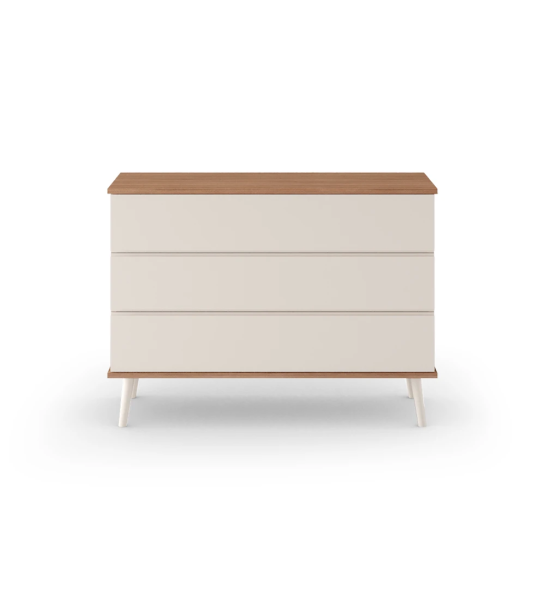 Oslo dresser with 3 drawers and pearl lacquered feet, walnut structure, 120 x 87,6 cm.