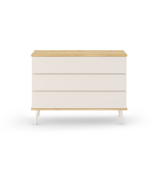 Commode Oslo avec 3 tiroirs et pieds laqués perle, structure en chêne naturel, 120 x 87,6 cm.