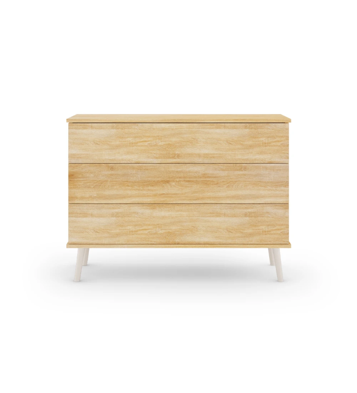 Dresser with 3 drawers, pearl lacquered turned legs, natural oak structure.