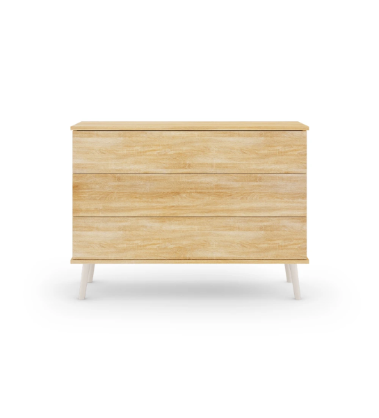 Commode Oslo avec 3 tiroirs et structure en chêne naturel, pieds laqués perle, 120 x 87,6 cm.