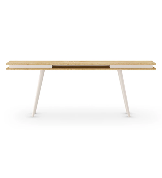 Consola Oslo en roble natural, pies lacados perla, 200 x 83 cm.