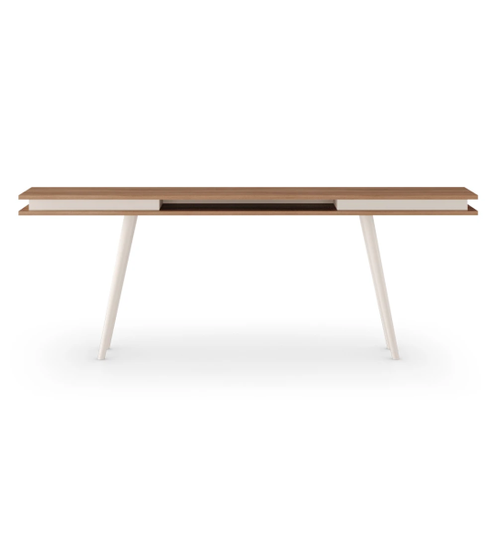 Console Oslo en noyer, pieds laqués perle, 200 x 83 cm.