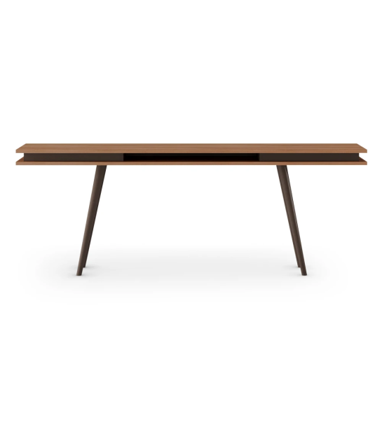 Consola Oslo em nogueira, pés lacados a castanho escuro, 200 x 83 cm.