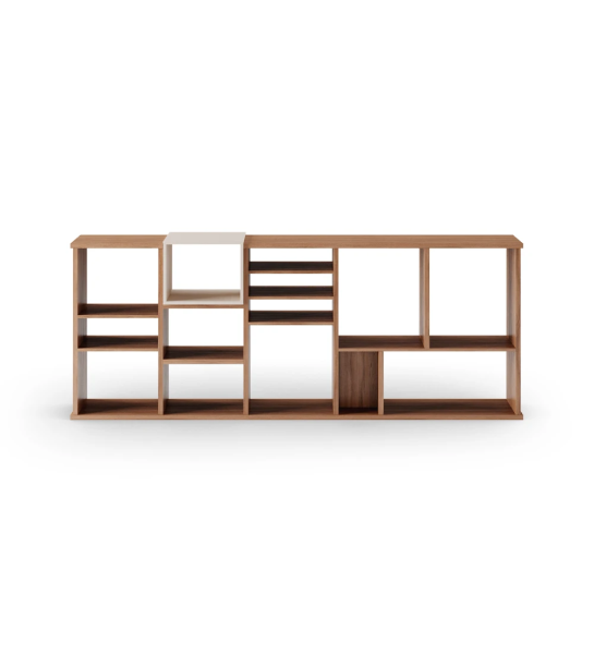 Estantería horizontal Oslo en nogal con módulo lacado perla, 180 x 70 cm.
