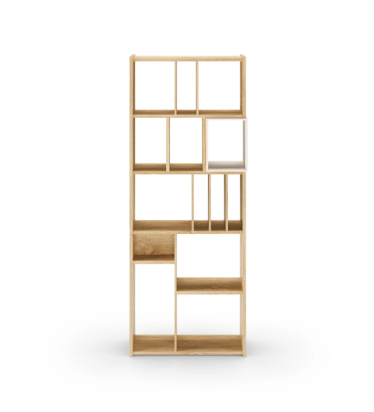 Estantería vertical Oslo en roble natural con módulo lacado perla, 70 x 180 cm.