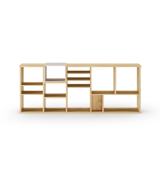 Estantería horizontal Oslo en roble natural con módulo lacado perla, 180 x 70 cm.