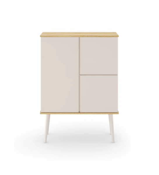 Oslo cupboard with 3 doors and pearl lacquered feet, structure in natural oak, 100 x 138,5 cm.