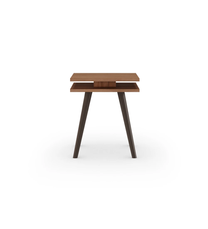 Square side table with two walnut tops and dark brown lacquered turned legs.