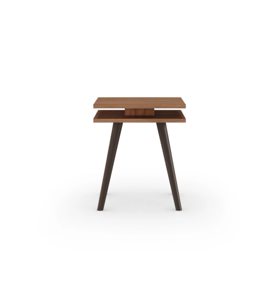 Oslo square side table, 2 walnut tops, dark brown lacquered feet, 45 x 45 cm.