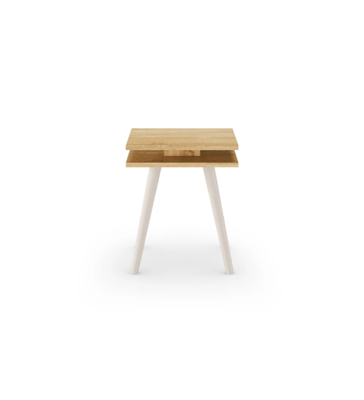 Table d'Appui se carrée, avec deux plateaux en chêne naturel et des pieds tournés laqués perle.
