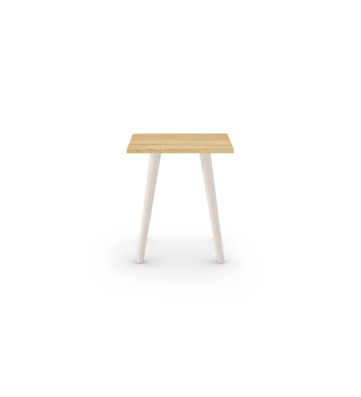 Square side table with a natural oak top and pearl lacquered turned legs.