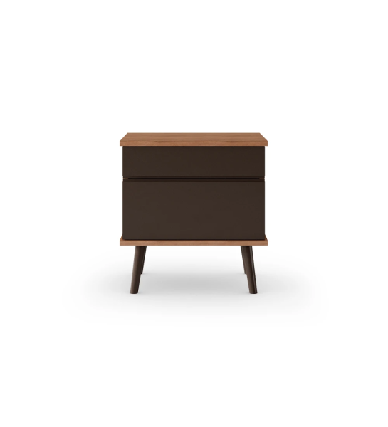 Oslo bedside table with 2 drawers and dark brown lacquered feet, walnut structure, 55 x 57,5 cm.
