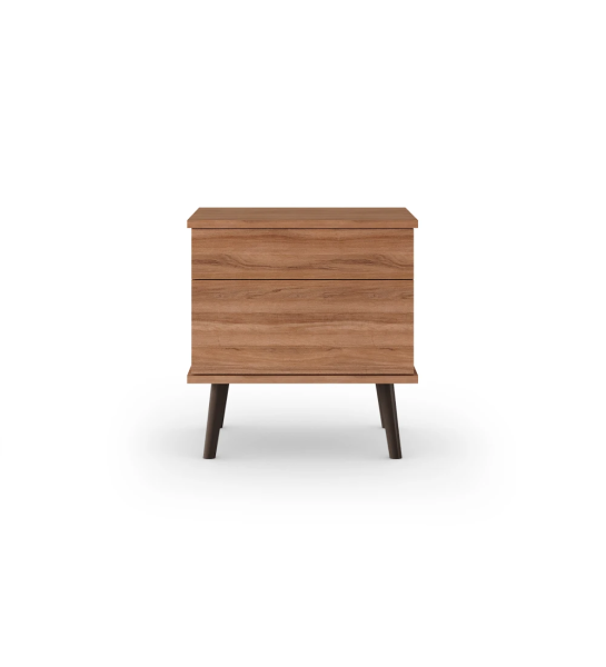 Oslo bedside table with 2 drawers and walnut structure, dark brown lacquered feet, 55 x 57.5 cm.