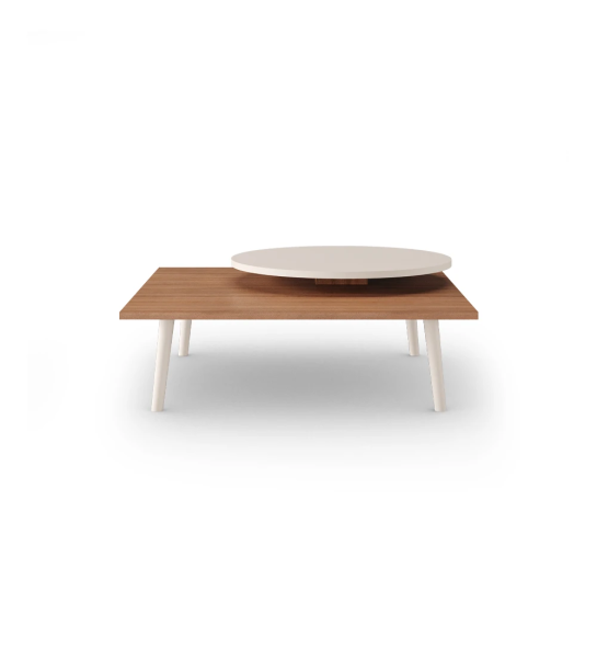 Mesa de centro Oslo quadrada, tampo inferior em nogueira, tampo superior redondo, pés lacados a pérola, 90 x 90 cm.