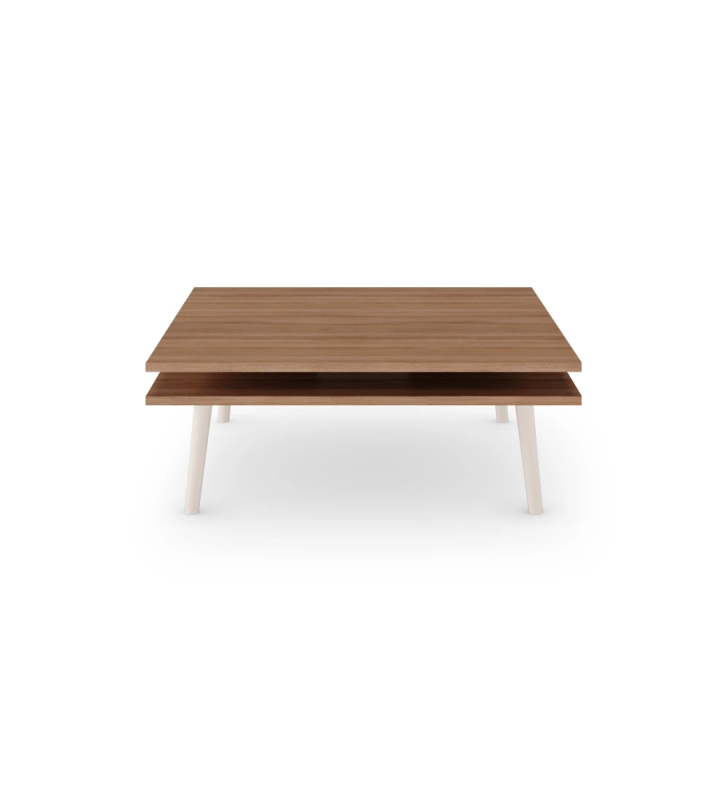 Oslo square center table, 2 walnut tops and pearl lacquered feet, 90 x 90 cm.