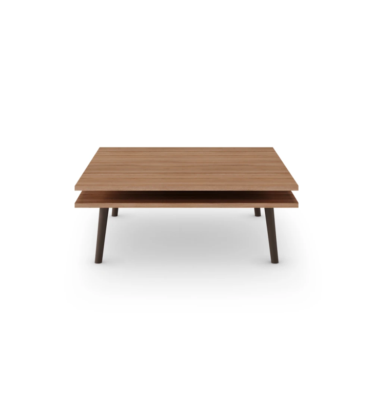 Oslo square center table, 2 walnut tops and dark brown lacquered feet, 90 x 90 cm.