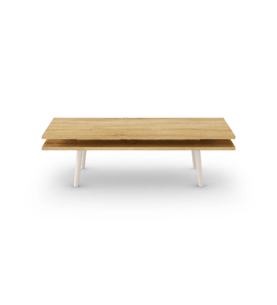 Mesa de centro Oslo retangular, 2 tampos em carvalho cor natural, pés lacados a pérola, 120 x 60 cm.
