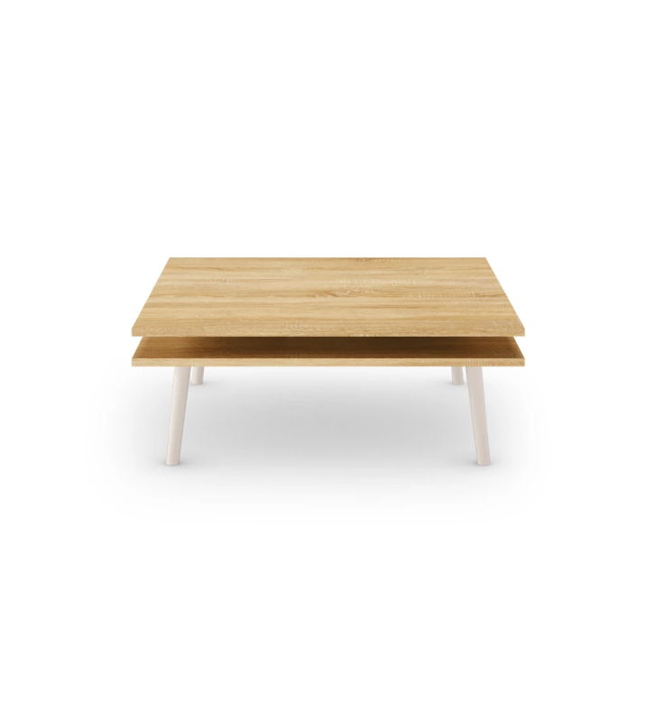Table basse carrée Oslo, 2 plateaux en chêne naturel et pieds laqués perle, 90 x 90 cm.