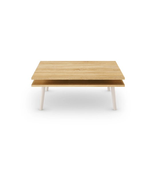 Mesa de centro Oslo quadrada, 2 tampos em carvalho cor natural, pés lacados a pérola, 90 x 90 cm.