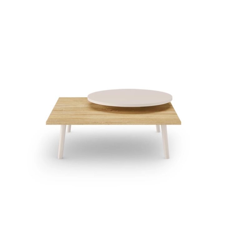 Table basse carré, avec plateau inférieur en chêne naturel, plateau rond et pieds laqués perle.