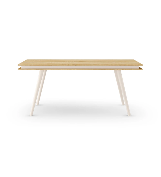 Oslo rectangular extendable dining table, 180(230) x 100 cm, natural oak top, pearl lacquered legs.