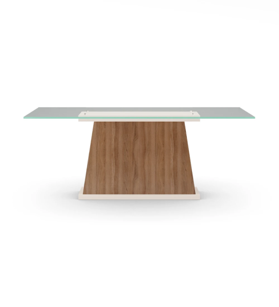 Mesa de comedor Oslo rectangular 200 x 98 cm, tapa en cristal, pie central en nogal y base lacada perla.