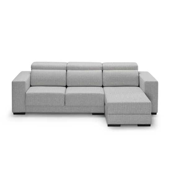 Sofá Oporto 2 lugares e chaise longue reversível, estofado a tecido cinzento, apoios de cabeça reclináveis, assentos deslizantes e arrumação na chaise longue, 279 cm.