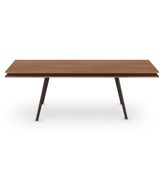Mesa de comedor Oslo rectangular 240 x 100 cm, tapa en nogal y pies lacados marrón oscuro.