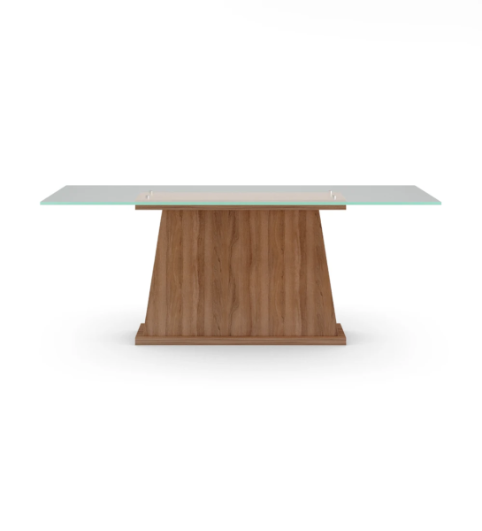 Mesa de jantar Oslo retangular 200 x 98 cm, tampo de vidro, pé central em nogueira.