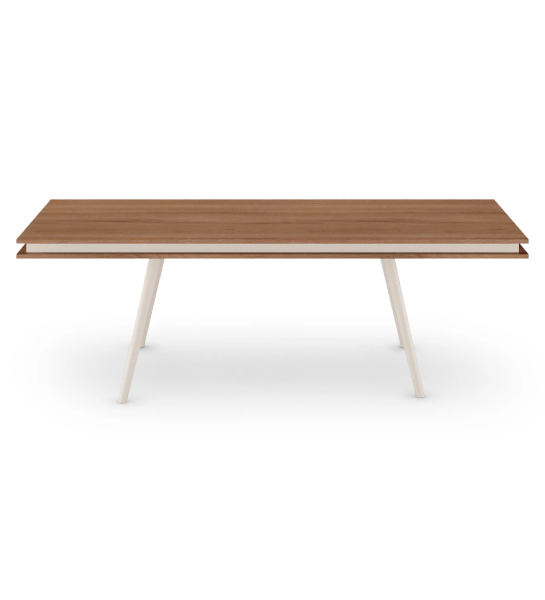 Mesa de comedor Oslo rectangular 240 x 100 cm, tapa en nogal y pies lacados perla.