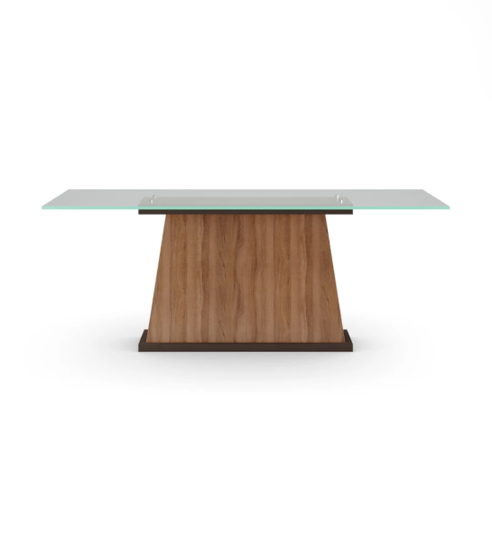 Table de repas rectangulaire Oslo 200 x 98 cm, plateau en verre, pied central en noyer et piètement laqué marron foncé.