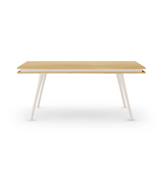 Table de repas rectangulaire Oslo 180 x 100 cm, plateau en chêne naturel et pieds laqués perle.
