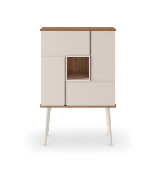 Oslo bar cabinet with walnut structure, pearl lacquered doors, module and feet, 92 x 141,2 cm.
