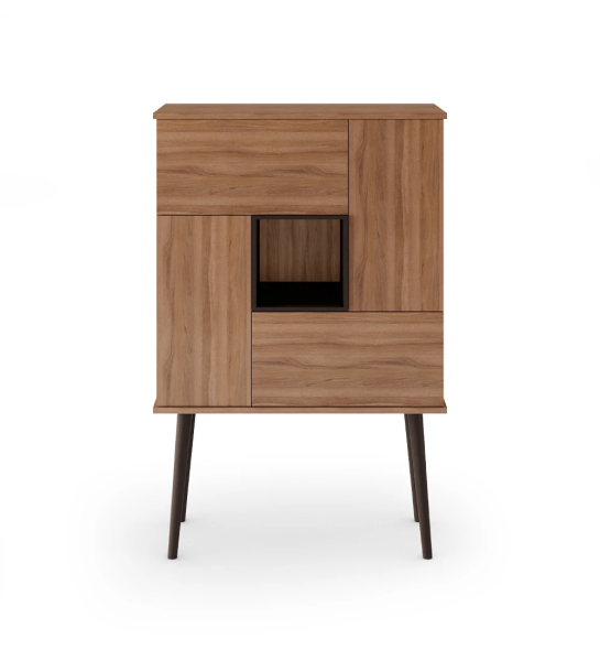 Meuble bar Oslo en noyer, module et pieds laqués marron foncé, 92 x 141,2 cm.