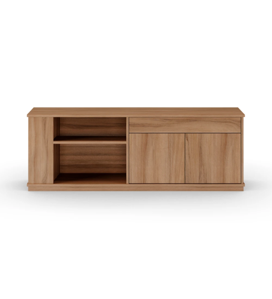 Móvel lateral Oslo em nogueira, com 2 portas, 1 gaveta e prateleiras, 180 x 64 cm.
