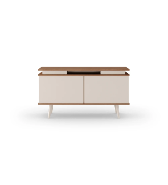 Oslo TV stand 2 doors and feet lacquered in pearl, walnut structure, 120 x 58,8 cm.