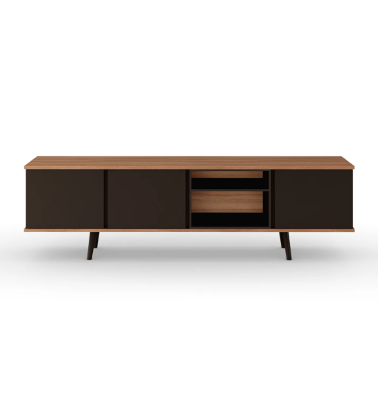 Mueble TV Oslo 3 puertas, módulo y pies lacados marrón oscuro, estructura en nogal, 200 x 58,8 cm.