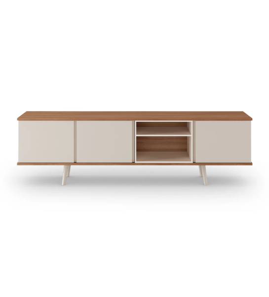 Meuble TV Oslo 3 portes, module et pieds laqués perle, structure noyer, 200 x 58,8 cm.
