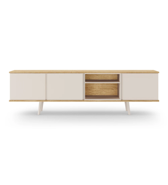 Mueble TV Oslo 3 puertas, módulo y pies lacados perla, estructura en roble natural, 200 x 58,8 cm.