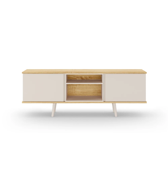 Oslo TV stand 2 doors, module and feet lacquered in pearl, structure in natural oak, 160 x 58,8 cm.