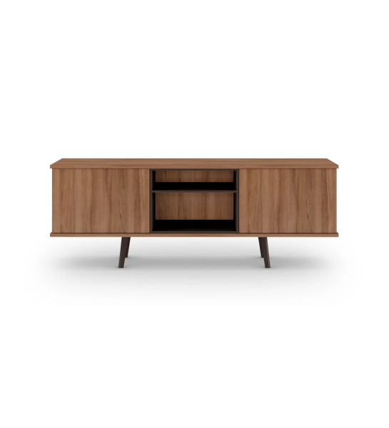 Meuble TV Oslo 2 portes et structure en noyer, module et pieds laqués marron foncé, 160 x 58,8 cm.