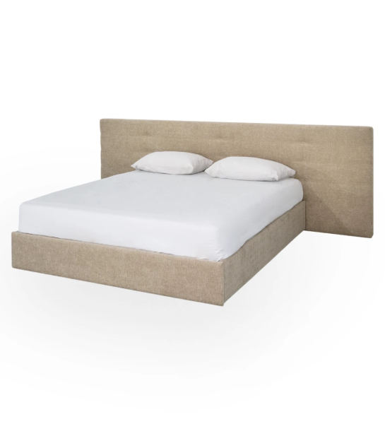  Cama doble con cabecero de rectángulos, tapizada en tejido, con pie de cama suspendido.