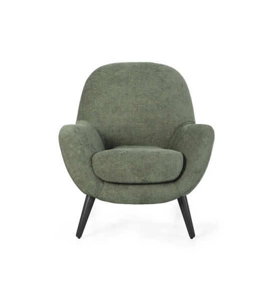 Oslo armchair upholstered in green fabric, dark brown lacquered feet.