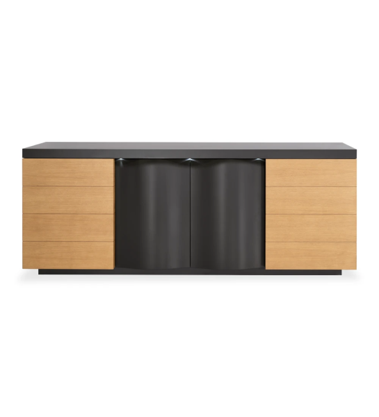 Sideboard with 2 side doors in honey oak and 2 central doors and black lacquered frame, with a drawer for cutlery.