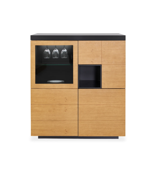 Vaisselier en chêne miel avec 4 portes, structure et module laqués noirs.