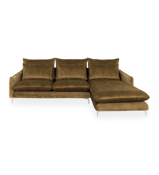 Sofá Veneza 2 plazas y chaise longue derecha, tapizado en tela verde, pies en metal, 259 cm.