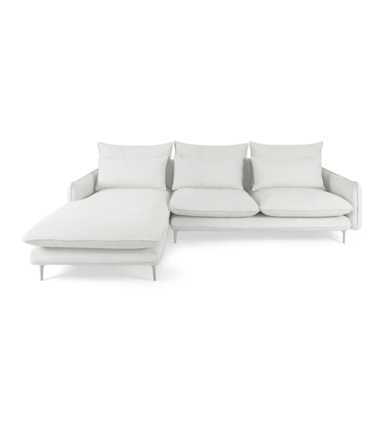 Sofá Veneza 2 lugares e chaise longue esquerda, estofado a tecido pérola, pés metálicos, 259 cm.