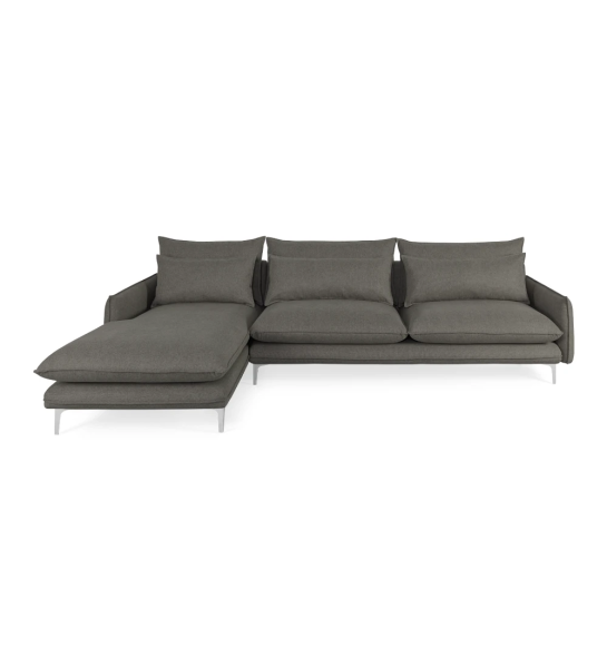 Veneza 3-seater sofa and left chaise longue, upholstered in gray fabric, metal feet, 302 cm.