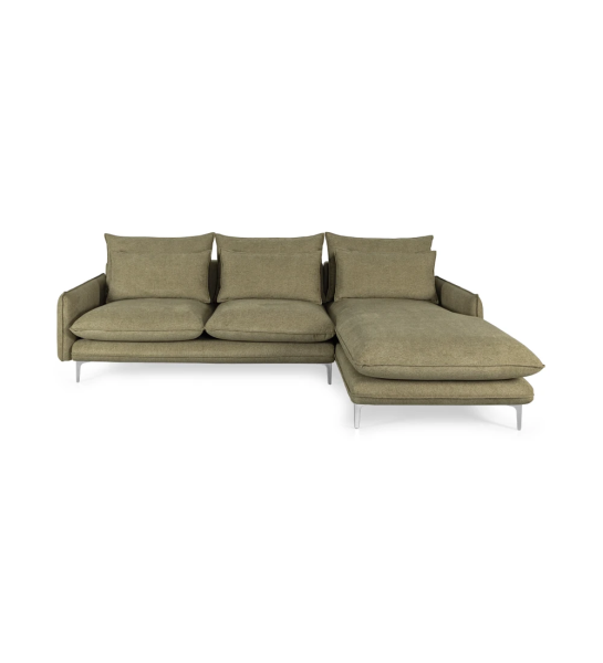 Sofá Veneza 2 lugares e chaise longue direita, estofado a tecido verde, pés metálicos, 259 cm.