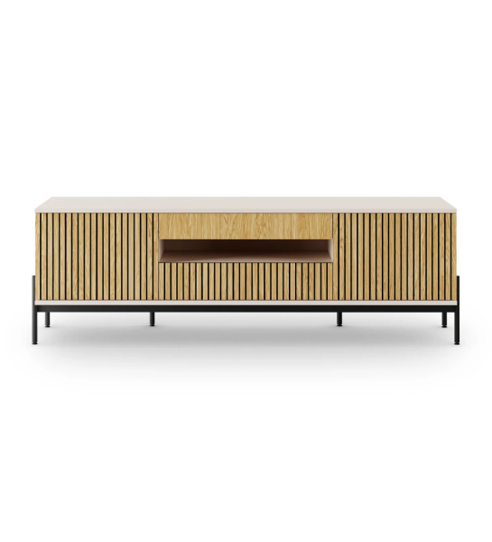 Cannes TV stand 2 doors and 2 drawers in natural oak, pearl structure and black lacquered metal feet with levelers, 200 x 64,5 cm.